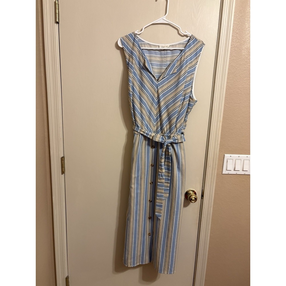 52sever Blue Beige Striped Women's, Belted, V-Neck Dress